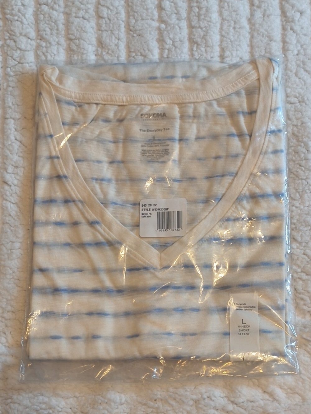 Sonoma White and Light Blue Striped V-Neck Tee